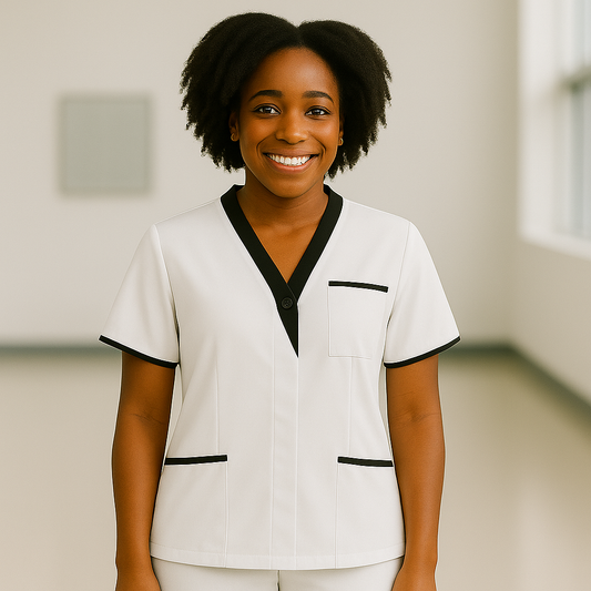 Haut médicale blanc à col noir pour femme