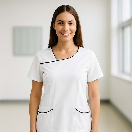 Haut de gommage médicaux blanc à col noir pour femme