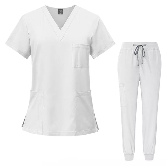 Uniforme blanc pour femme avec col en V fin + jogging